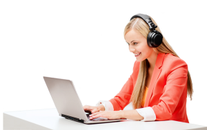 female with headset browsing