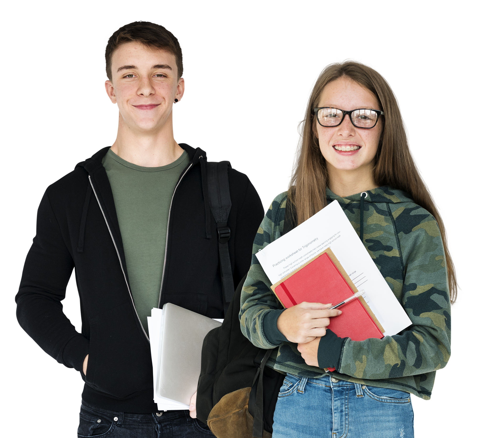 male and female holding pen pad learning